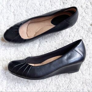 EARTH: Corralberry Black Leather Classic Dress Up Slip On Wedges Size 8.5